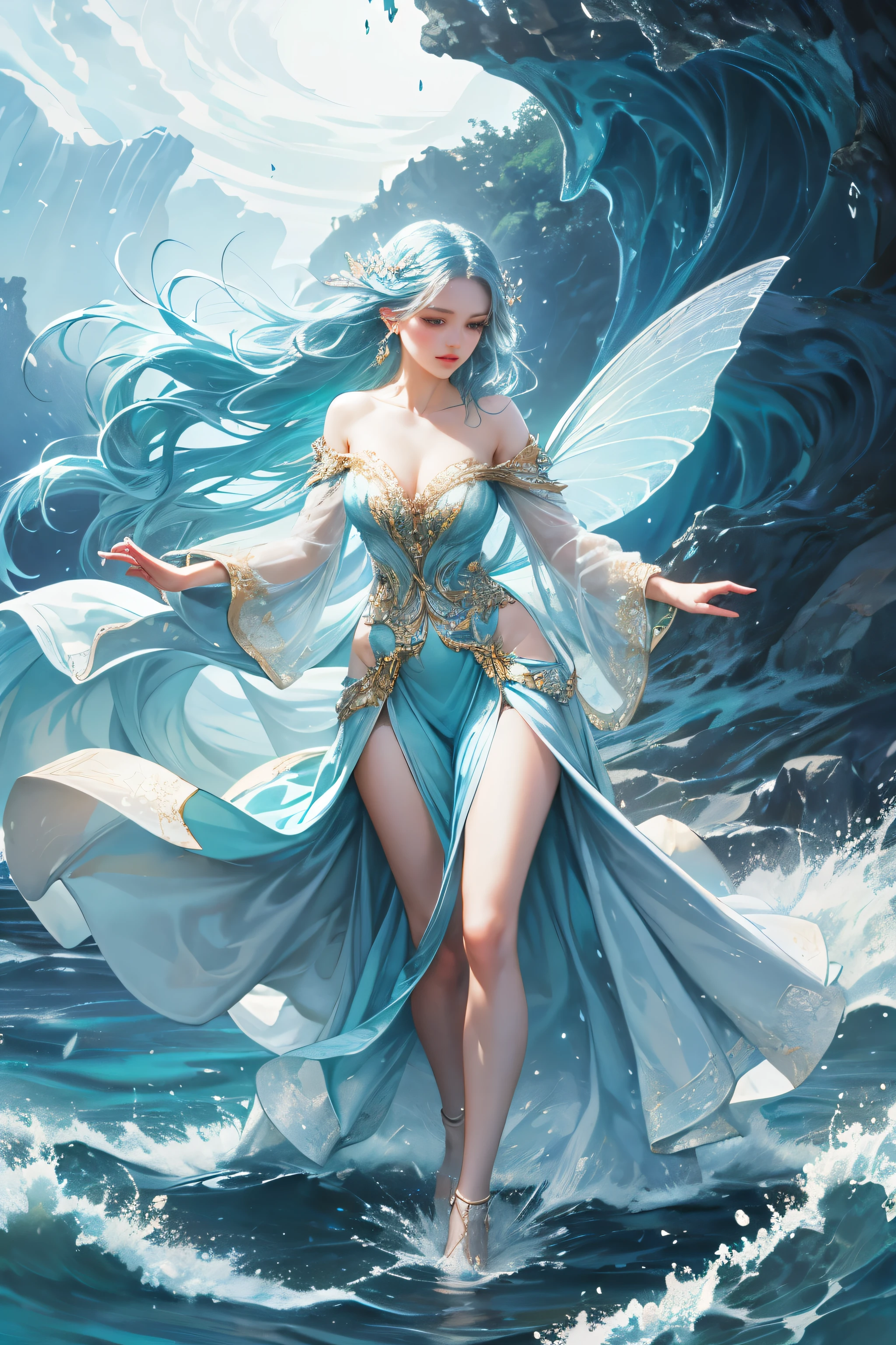 "Create a realistic and enchanting digital illustration of a beautiful female fairy with large, ethereal wings that glisten like flowing water. She should be elegantly dressed in a decent gown that reflects the colors and textures of the ocean. Surround her with dynamic waves and gentle ripples that showcase her control over the element of water. Integrate a distinctive water fairy symbol on her body, signifying her role as the keeper of water and waves, and highlighting the profound aquatic power she possesses within."