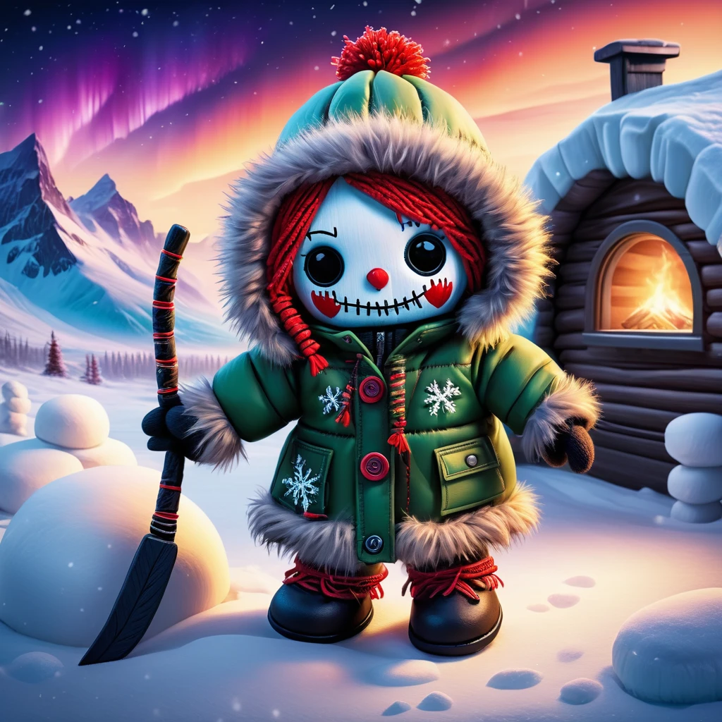 (knitted toy voodoo doll:1.5), (Voodoo in Alaska:1.3), (Parka's fur-lined clothes, winter boots and mittens:1.0), (in the background a snowy landscape with an igloo and the northern lights:1.2), mystical atmosphere, best quality, masterpiece, detailed soft oil painting, detailed background, dramatic cinematic lighting, soft edge lighting, professional, dramatic lighting, hard edge lighting, ultra quality, 4k, masterpiece, best quality, 8k, ultra high definition, high resolution, extremely detailed