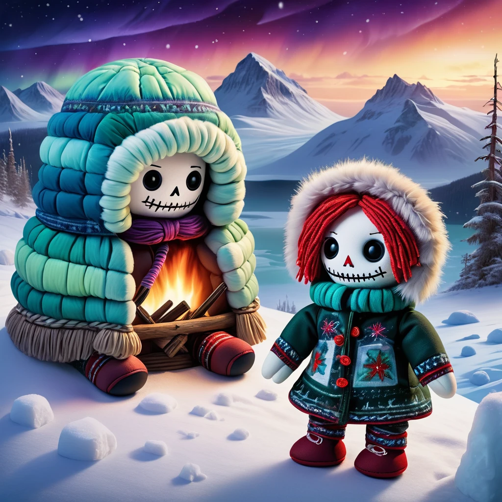 (knitted toy voodoo doll:1.5), (Voodoo in Alaska:1.3), (Parka's fur-lined clothes, winter boots and mittens:1.0), (in the background a snowy landscape with an igloo and the northern lights:1.2), mystical atmosphere, best quality, masterpiece, detailed soft oil painting, detailed background, dramatic cinematic lighting, soft edge lighting, professional, dramatic lighting, hard edge lighting, ultra quality, 4k, masterpiece, best quality, 8k, ultra high definition, high resolution, extremely detailed