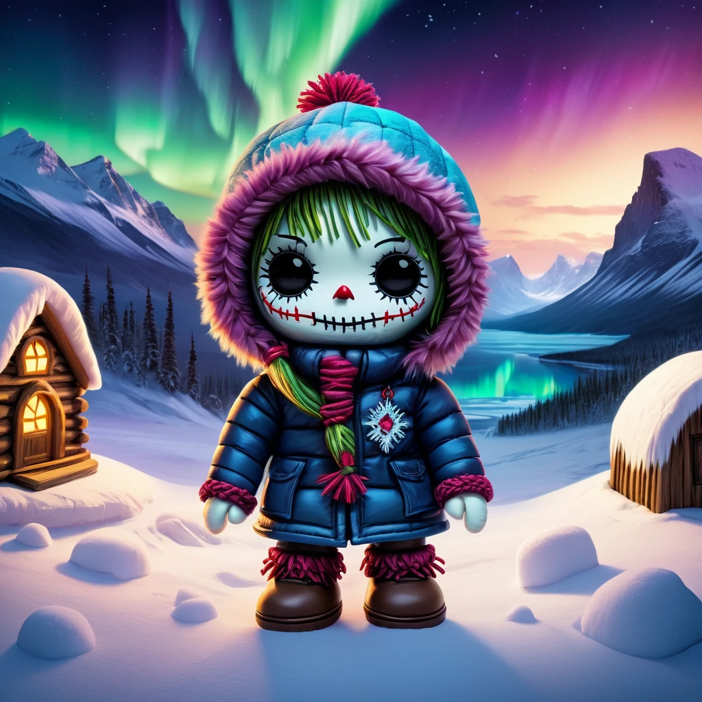 (knitted toy voodoo doll:1.5), (Voodoo in Alaska:1.3), (Parka's fur-lined clothes, winter boots and mittens:1.0), (in the background a snowy landscape with an igloo and the northern lights:1.2), mystical atmosphere, best quality, masterpiece, detailed soft oil painting, detailed background, dramatic cinematic lighting, soft edge lighting, professional, dramatic lighting, hard edge lighting, ultra quality, 4k, masterpiece, best quality, 8k, ultra high definition, high resolution, extremely detailed
