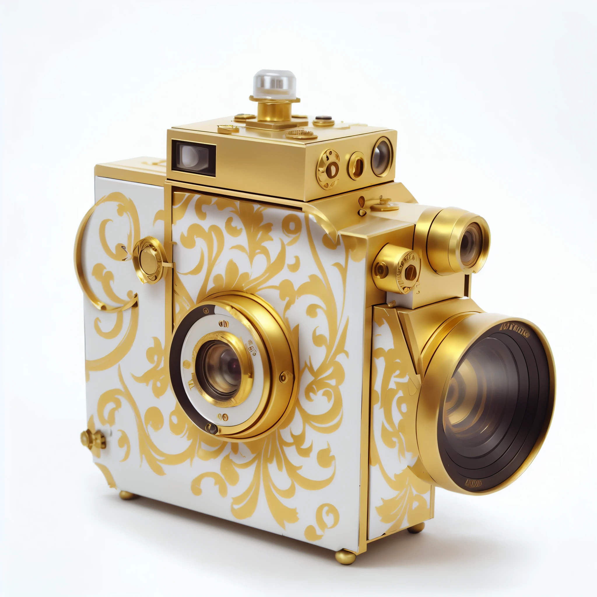 It has a gold and white camera with a gold design, Kodak Gold, Expensive cameras, Kodak Gold 2 0 0, Kodak Gold 200, Glamorous Gold, Kodak Gold 4 0 0, Lomography Lady Grey, elaborately decorated, golden 1 9 2 0 seconds, Kodak Camera, Vintage Camera, highly ornate, ornate gilded cosmic machine, Kodak Gold film, Decadent