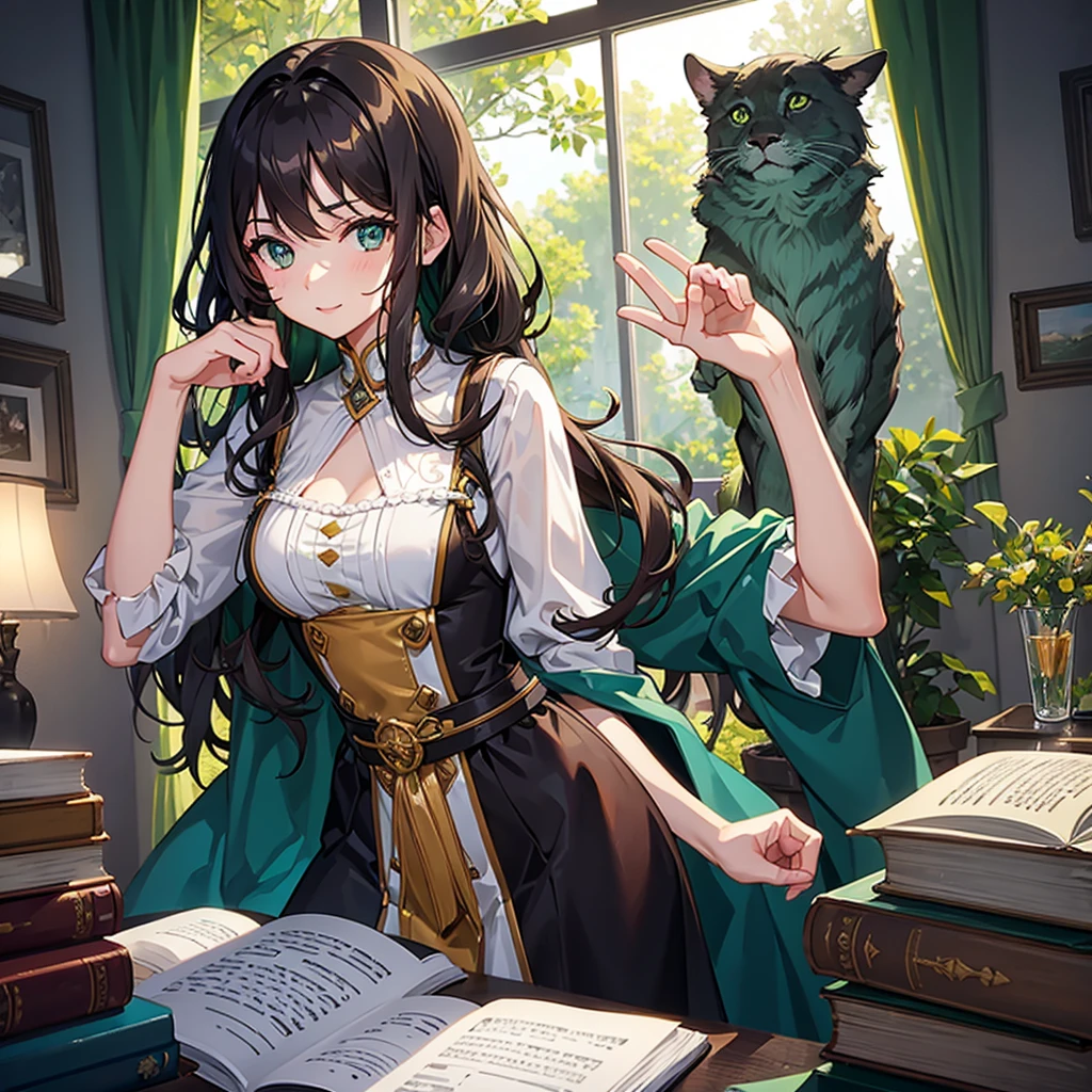 Girl at the table, 25 years, long curly brown hair, bright green eyes, who glow with warmth and enthusiasm 
, looks straight, slim build. In the hands of a book