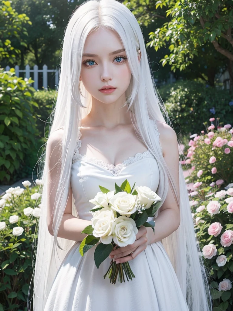 Long white hair, blue eyes, serious features, white skin, loose style, in a garden, with flowers 