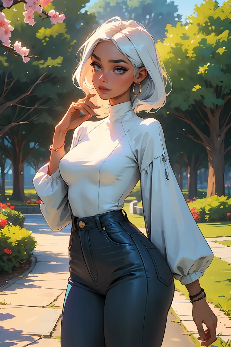 Goddess ((goddess-like woman)), slim, elegant silhouette, masterpiece, (close angle), best quality, (dark skin), sweet face, (masterpiece:1,2, best quality), (real picture, intricate details), ( 1 lady , Solo, medium tits, narrow waist, (with chin length hair), a woman with chin length hair, white hair, chin length, wavy white hair, turquoise eyes, she has an impressive presence., chin length hair, bracelet, hoop earrings, jewelry, beautiful face, beautiful eyes, Side Pose, Side View, She is wearing a sweater, jeans and over-the-knee boots, the jewelry gives her overall appearance a touch of glamor. sweet smile, thigh gap, sweet irresistible smile, elegant pose, elegant hands, beautiful hands, perfect fingers, background: Park, a beautiful park, trees, walkway, flowers, bushes,