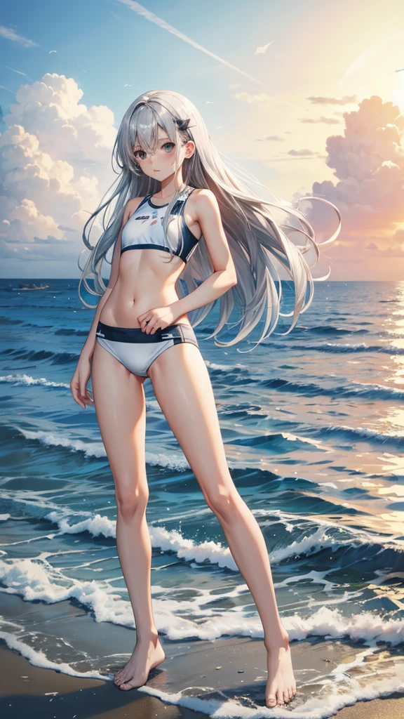 Silver long hair and flat chest,Hairpin,Sports bras,swimming briefs,Bare Legs,barefoot,Standing,Sea