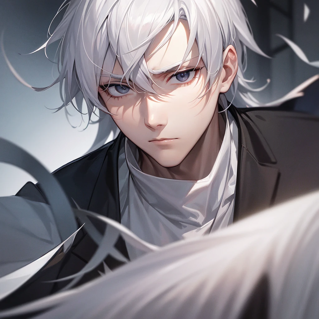 1man,White Hair,Black eyes with no highlights,A sharp face,Expressionless,Staring at me,battle