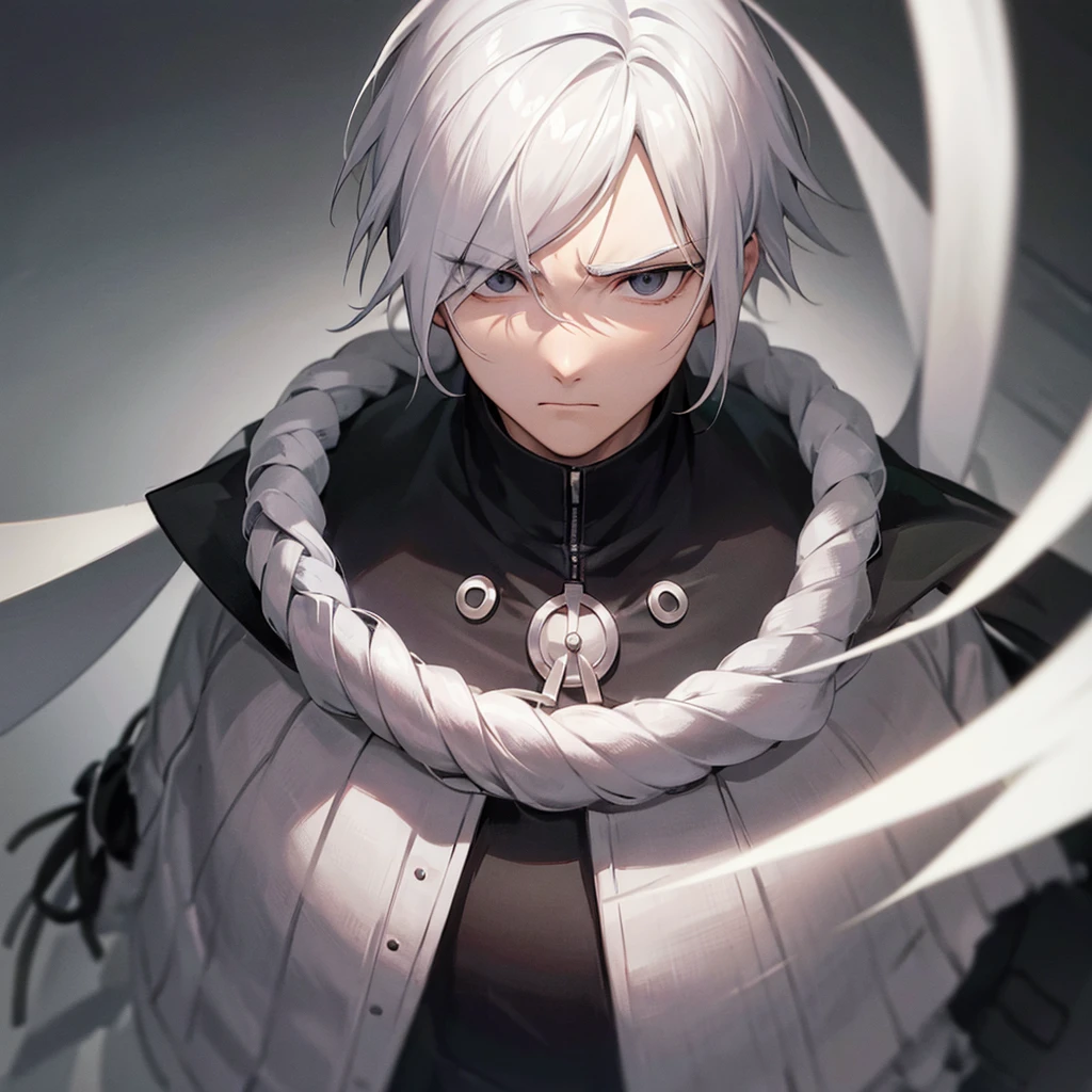 1man,White Hair,Black eyes with no highlights,A sharp face,Expressionless,Staring at me,battle