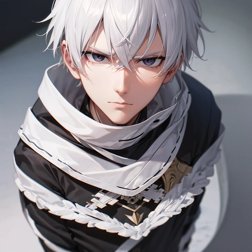 1man,White Hair,Black eyes with no highlights,A sharp face,Expressionless,Staring at me,battle