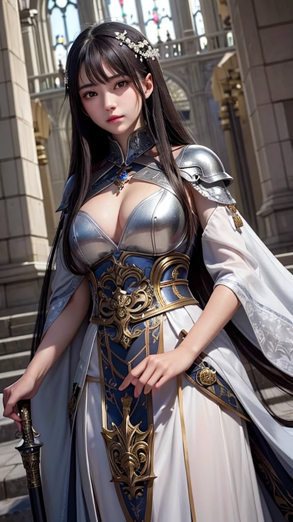 She has short dark brown hair and brown eyes.、Beautiful portrait of an elegant woman。She is clad in magnificent iron plate armor and chainmail.。Underneath the armor she wears a white gown。Holding a sword in both hands、Symbolizes strength and purity。The background is mysterious and、White roses are blooming、With pigeons flying、With the cathedral windows in the background。The images are very detailed and、It has a sacred and angelic atmosphere.、It captures the essence of a holy warrior.。Jeanne d'Arc