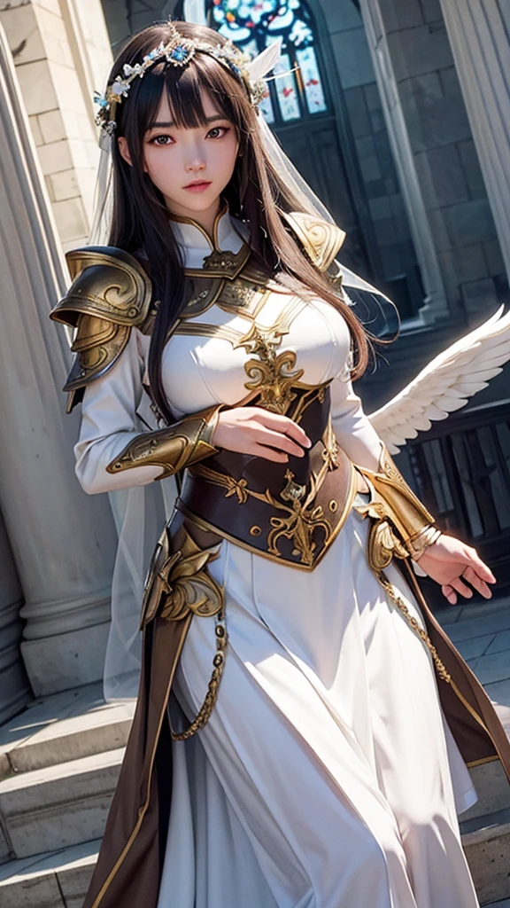 She has short dark brown hair and brown eyes.、Beautiful portrait of an elegant woman。She is clad in magnificent iron plate armor and chainmail.。Underneath the armor she wears a white gown。Holding a sword in both hands、Symbolizes strength and purity。The background is mysterious and、White roses are blooming、With pigeons flying、With the cathedral windows in the background。The images are very detailed and、It has a sacred and angelic atmosphere.、It captures the essence of a holy warrior.。Jeanne d'Arc