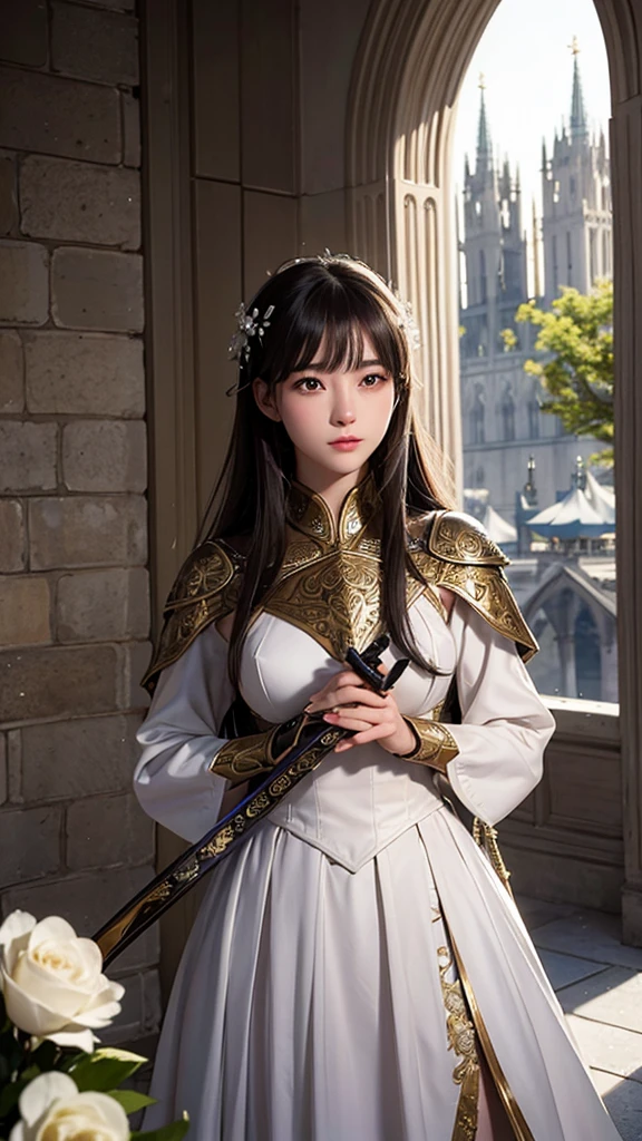 She has short dark brown hair and brown eyes.、Beautiful portrait of an elegant woman。She is clad in magnificent iron plate armor and chainmail.。Underneath the armor she wears a white gown。Holding a sword in both hands、Symbolizes strength and purity。The background is mysterious and、White roses are blooming、With pigeons flying、With the cathedral windows in the background。The images are very detailed and、It has a sacred and angelic atmosphere.、It captures the essence of a holy warrior.。Jeanne d'Arc
