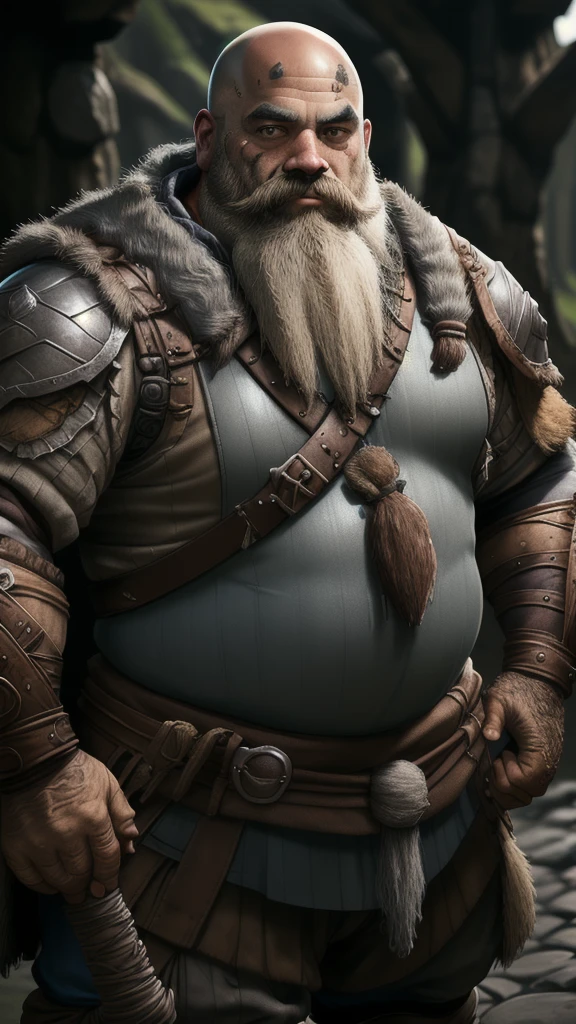 dwarf, chubby, bald, beard colored skin, dark skin, blue skin, grey skin, leather armor, druid,