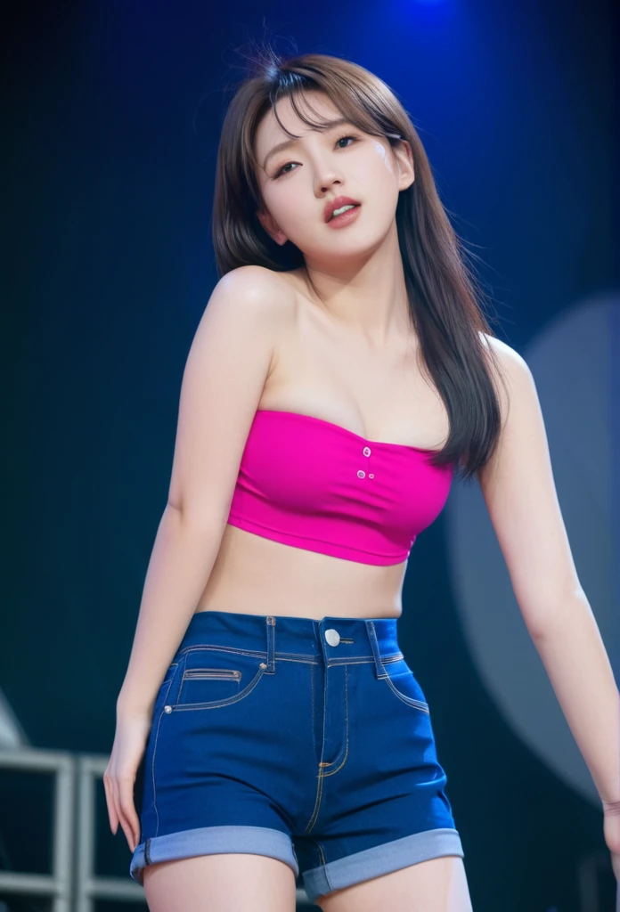 1girl in、(Super beautiful)、(ultra beautiful faces)、A detailed face、kpop star、spreads her legs、(Cool jackets and miniskirts:1.1)、white panties、high-heels、Concert stage、At SFW