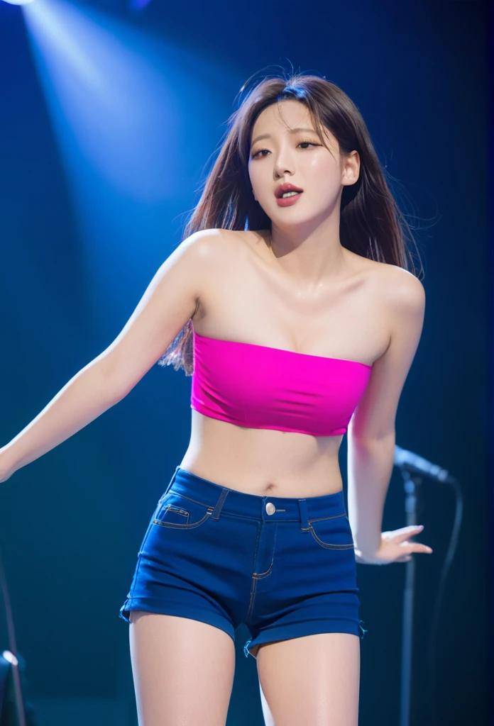 close-up of beautiful South Korean, An Yujin is a IVE korean pop girl group, youthful face, white skin body, perfect body, rapunzel long hair, black hair, straight hair, bust size 34 inches, wearing a tight plain hot pink strapless tube top, wearing a tight plain dark blue short pants, Yujin holding breasts with her own two hands is very sexy and sigh, Doing a very sexy dance and sighing, Yujin peed in her shorts because of sighing, Yujin peed, Yujin peed herself until she was wet, the rest of the liquid fell out because Yujin peed herself, sexy looking pose, pose a naughty look, at a concert stage area, UHD