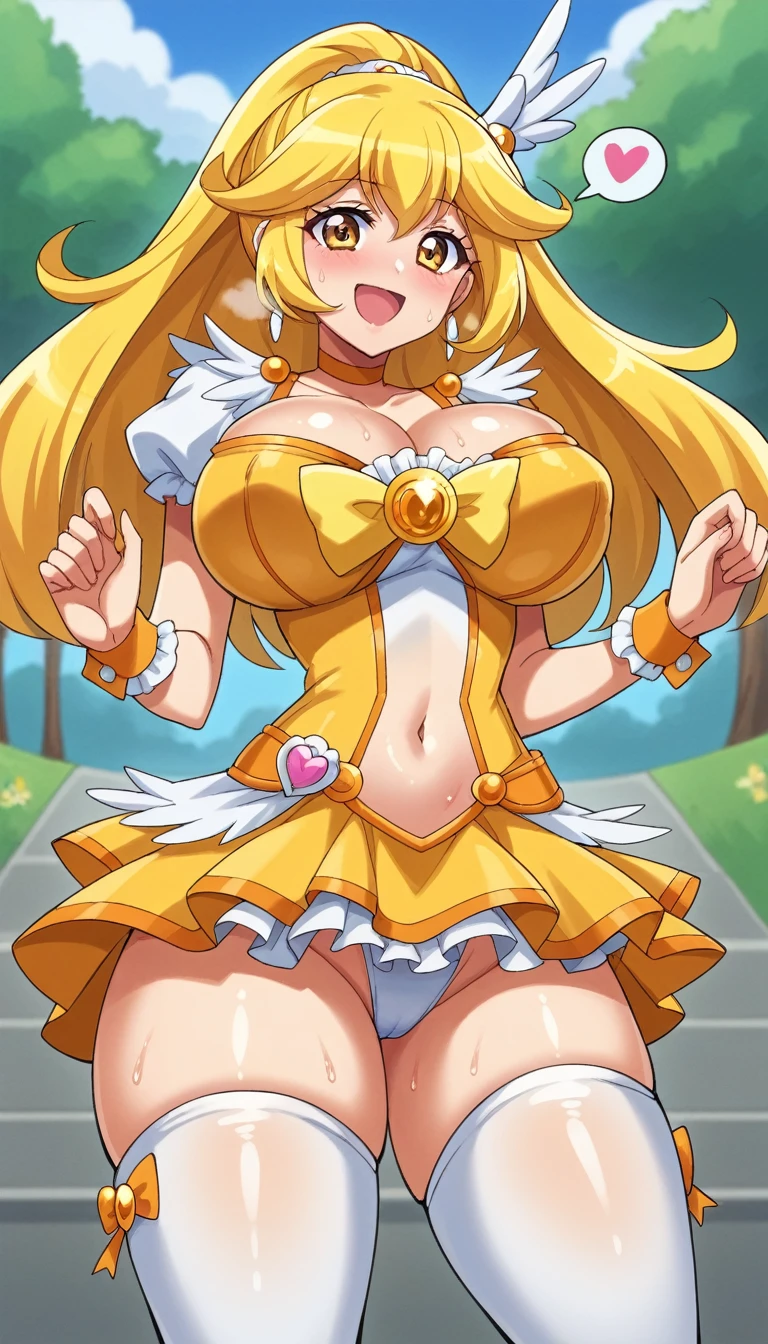 score_9, score_8_up, score_7_up, outdoor,
BREAK
source_anime, 
BREAK
1girl, curepeace, yellow hair, elect big nipple, huge breasts, happy,  spoken heart, 
yellow magical girl, navel, wing hair ornament, cropped top, frilled wrist cuffs, friled skirt, thighhighs, thong,
tall, leggy, glistened skin, oiled skin, shiny skin, heavy breathing, wide hips, tight waist, thick thighs,
contrapposto, 
looking_at_viewer,