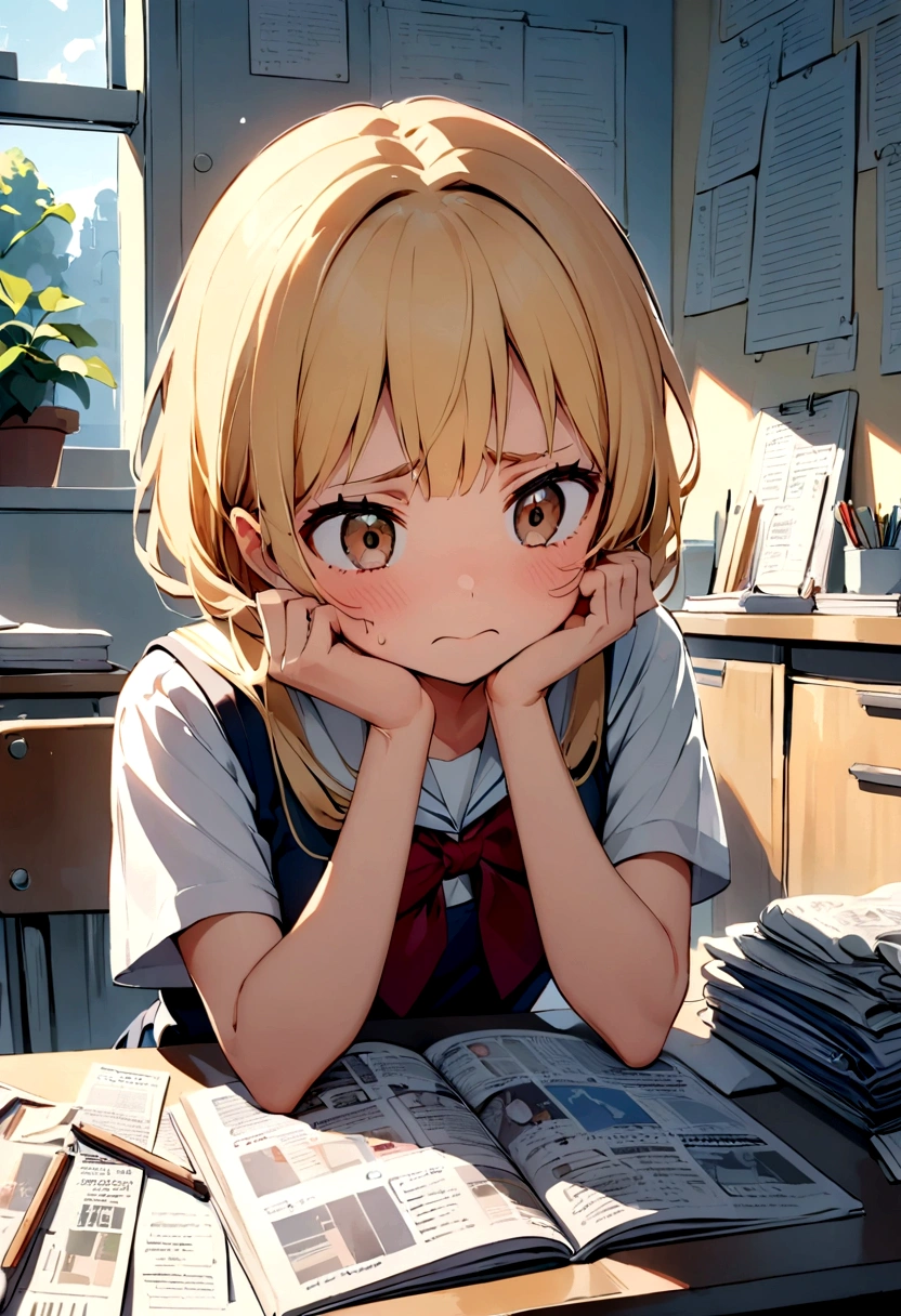 Retro anime Painting illustrating a serious and dedicated indian girl student sitting at a desk cluttered with study materials and notes. The student should appear visibly distressed and anxious. There is a newspaper on the table which has the headline "NET Exam Cancelled". The room should be dimly lit, highlighting the student's sense of isolation and frustration. The overall mood of the image should convey a blend of frustration, disappointment, and anxiety, raising awareness about the mental and emotional impact of such unexpected academic disruptions.