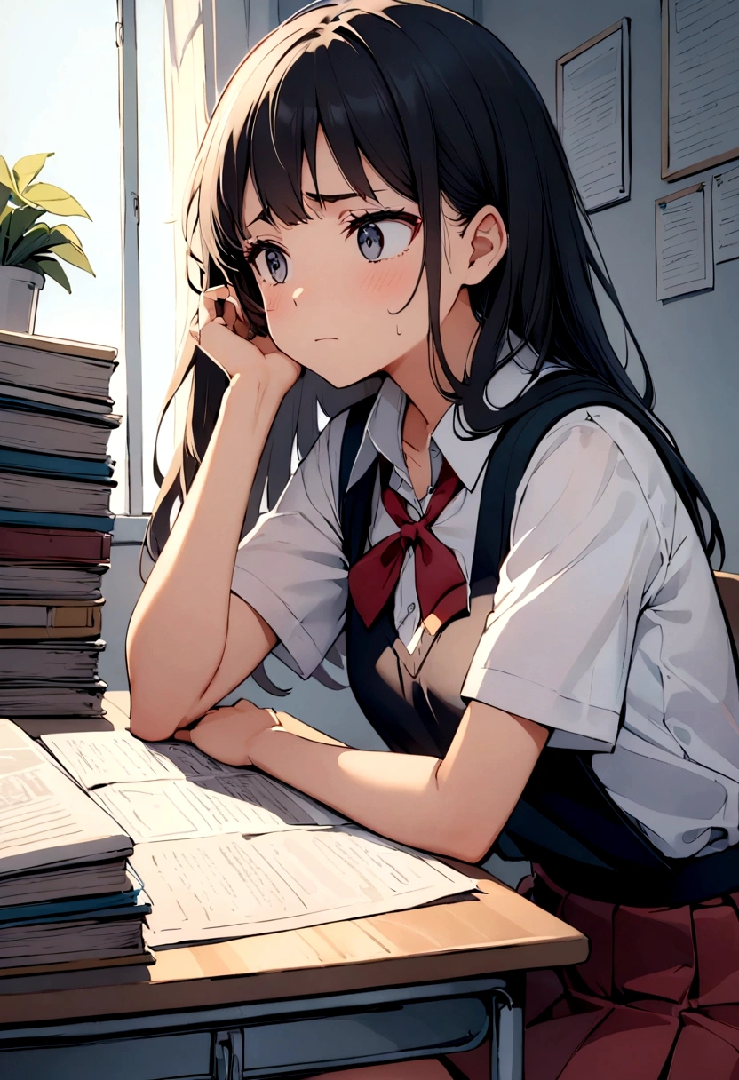 Retro anime Painting illustrating a serious and dedicated indian girl student sitting at a desk cluttered with study materials and notes. The student should appear visibly distressed and anxious. There is a newspaper on the table which has the headline "NET Exam Cancelled". The room should be dimly lit, highlighting the student's sense of isolation and frustration. The overall mood of the image should convey a blend of frustration, disappointment, and anxiety, raising awareness about the mental and emotional impact of such unexpected academic disruptions.