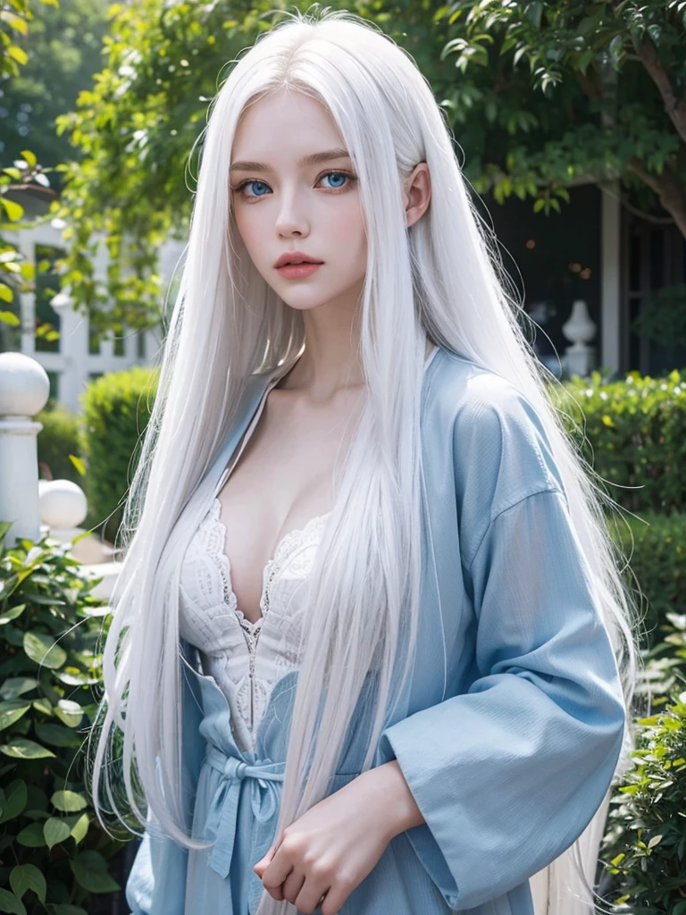 Long white hair, blue eyes, serious features, white skin, loose style, in a garden