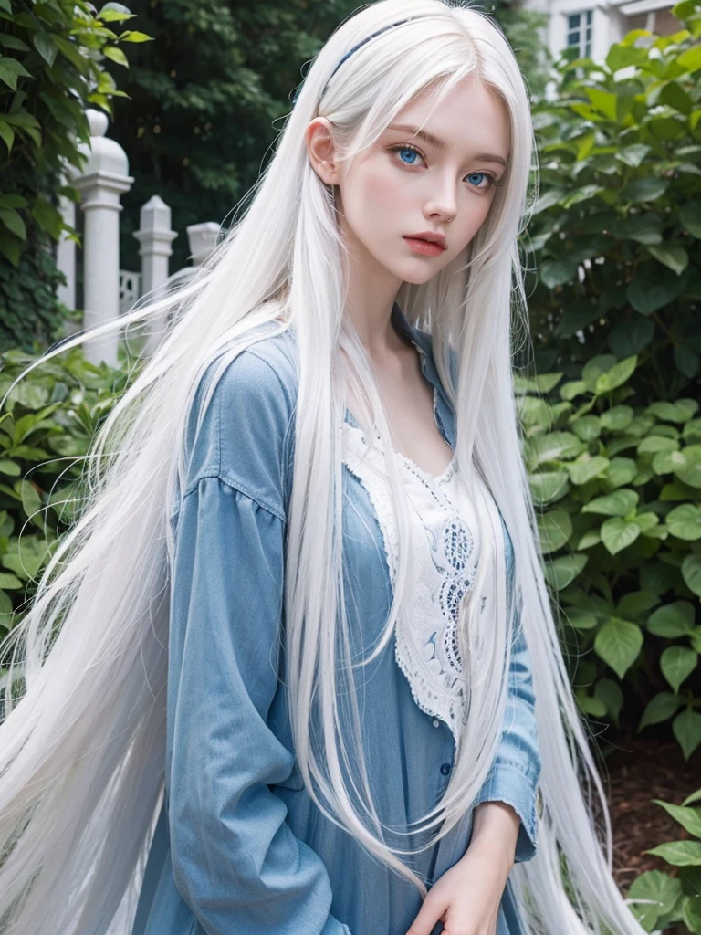 Long white hair, blue eyes, serious features, white skin, loose style, in a garden