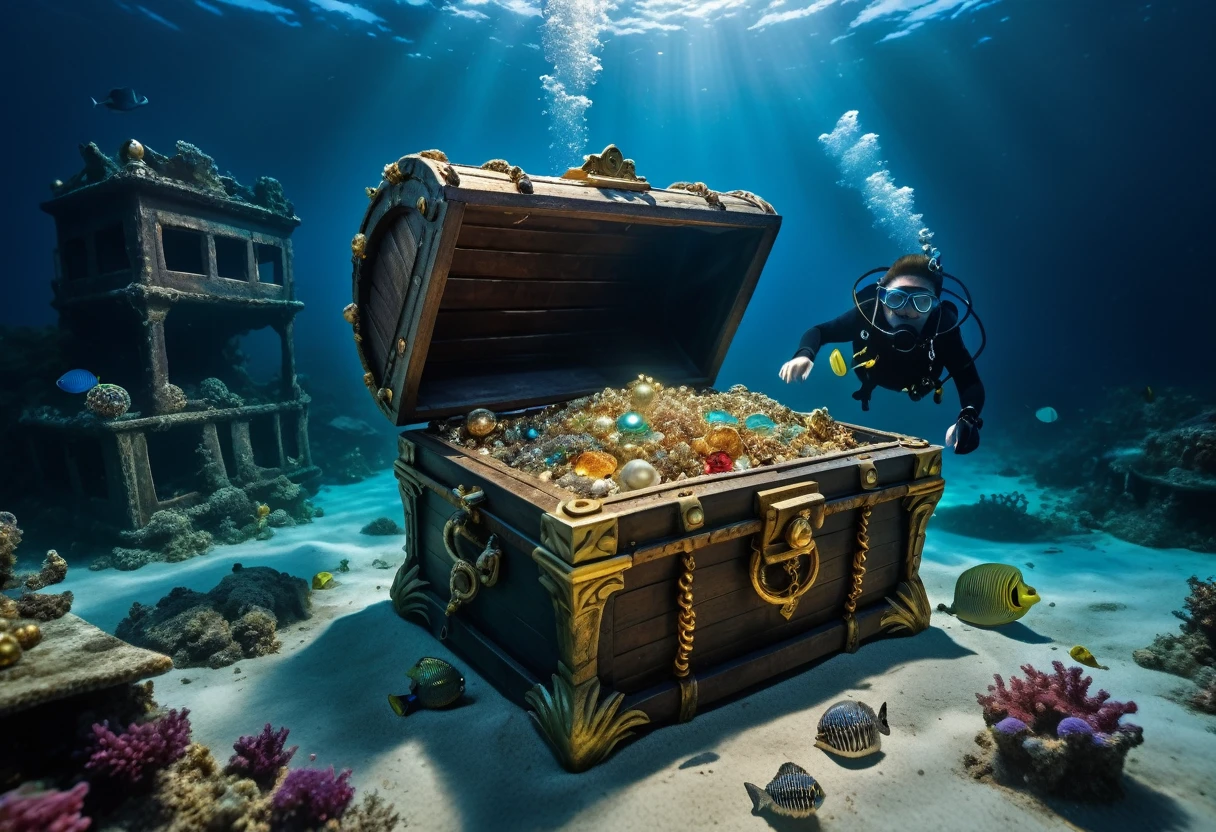 mimic, sunken ship on the ocean floor、A monster disguised as a treasure chest、The amount of jewelry overflowing from the box々、Divers exploring、Reality、Fantasy、