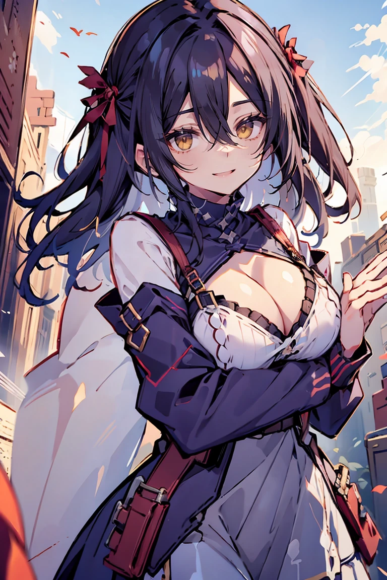 (masterpiece:1.2), (high quality:1.2), (hui xiyi:0.75), rekkyo sensen, rekkyou sensen, girls with((black hair, (tits cleavage:1.15), (waving is hands:1.2), (breasts close up:1.15), (suspenders:1.2), (dress:0.65), (blue clothes:1.05), (belts:0.7), (frills shirt:1.2), (white knit sweater:1.2), camisole, exposed breasts, straps, (long dress:1.1), (cross:1.05), (white tights:1.2), (long wavy hair:1.2), (one side up:1.2), nun, long sleeves, (perfect hands:1.05), (five fingers:1.05))), background with((fantasy world, ruin, castle, beautiful sky, shining sky, sunshine))