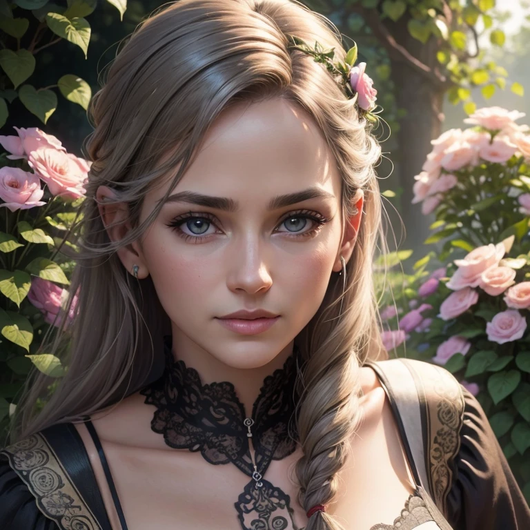 A 50-year-old woman in a garden, beautiful detailed eyes, beautiful detailed lips, extremely detailed eyes and face, long eyelashes, a small gray cat, intricate floral patterns, lush greenery, soft lighting, cinematic composition, elegant pose, warm color palette, detailed textures, photorealistic, (best quality,4K,8k,high resolution,masterpiece:1.2),ultra-detailed,(realistic,photorealistic,photo-realistic:1.37)