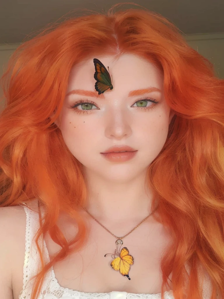 a closeup of a redhead woman and a butterfly on her forehead, amaranth, Orange peel and long fiery hair., bright Orange hair, better known as amaranth, Orange hair, long Orange hair, bright orange eyes, with red hair and green eyes, amaranth as a super villain, she has long redOrange hair, burning eyes