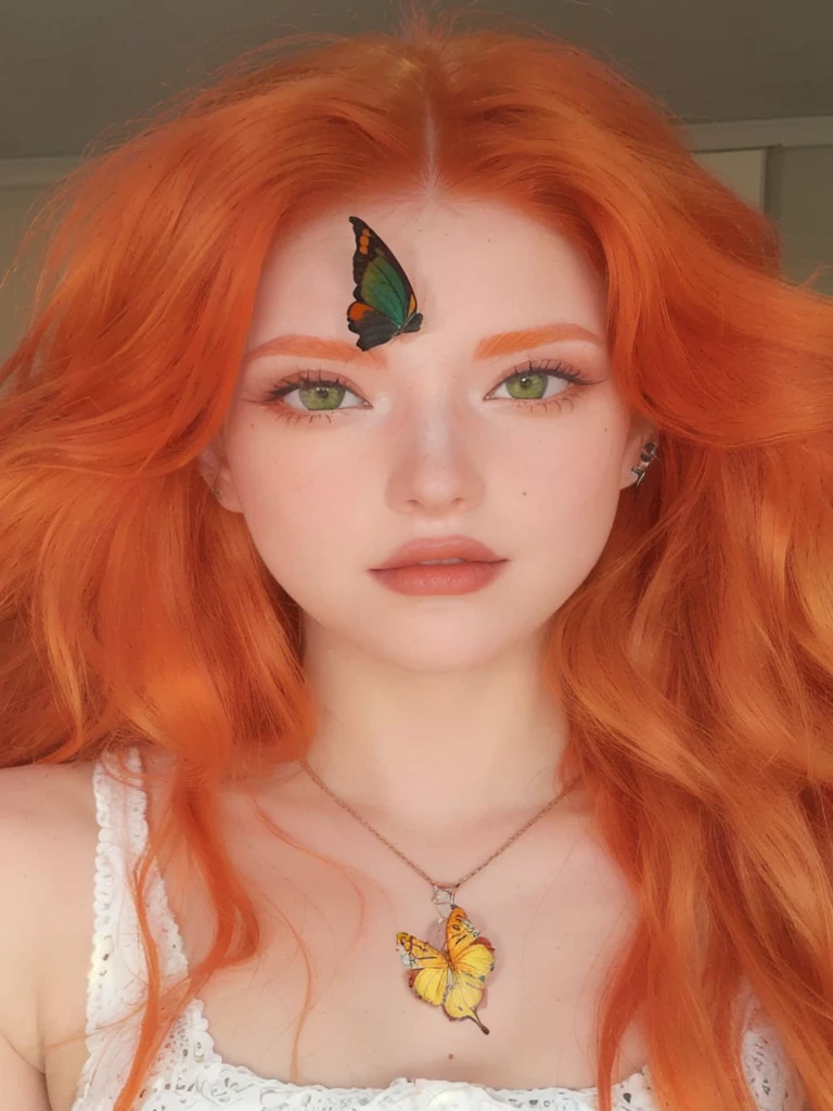 a closeup of a redhead woman and a butterfly on her forehead, amaranth, Orange peel and long fiery hair., bright Orange hair, better known as amaranth, Orange hair, long Orange hair, bright orange eyes, with red hair and green eyes, amaranth as a super villain, she has long redOrange hair, burning eyes