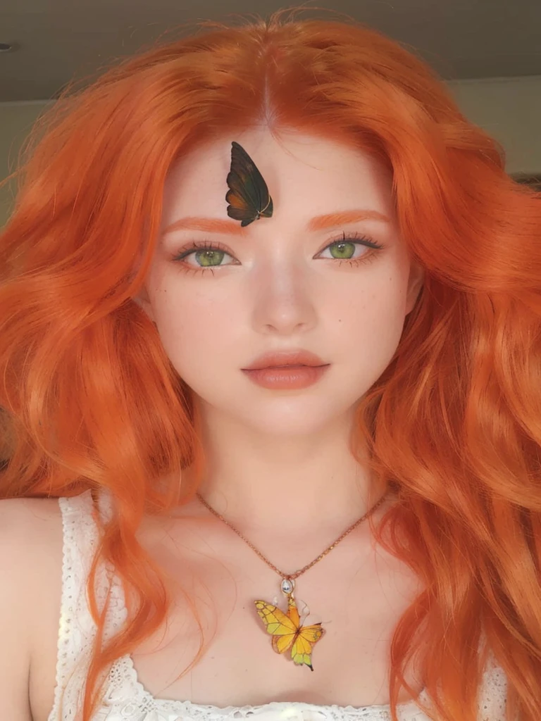 a closeup of a redhead woman and a butterfly on her forehead, amaranth, Orange peel and long fiery hair., bright Orange hair, better known as amaranth, Orange hair, long Orange hair, bright orange eyes, with red hair and green eyes, amaranth as a super villain, she has long redOrange hair, burning eyes