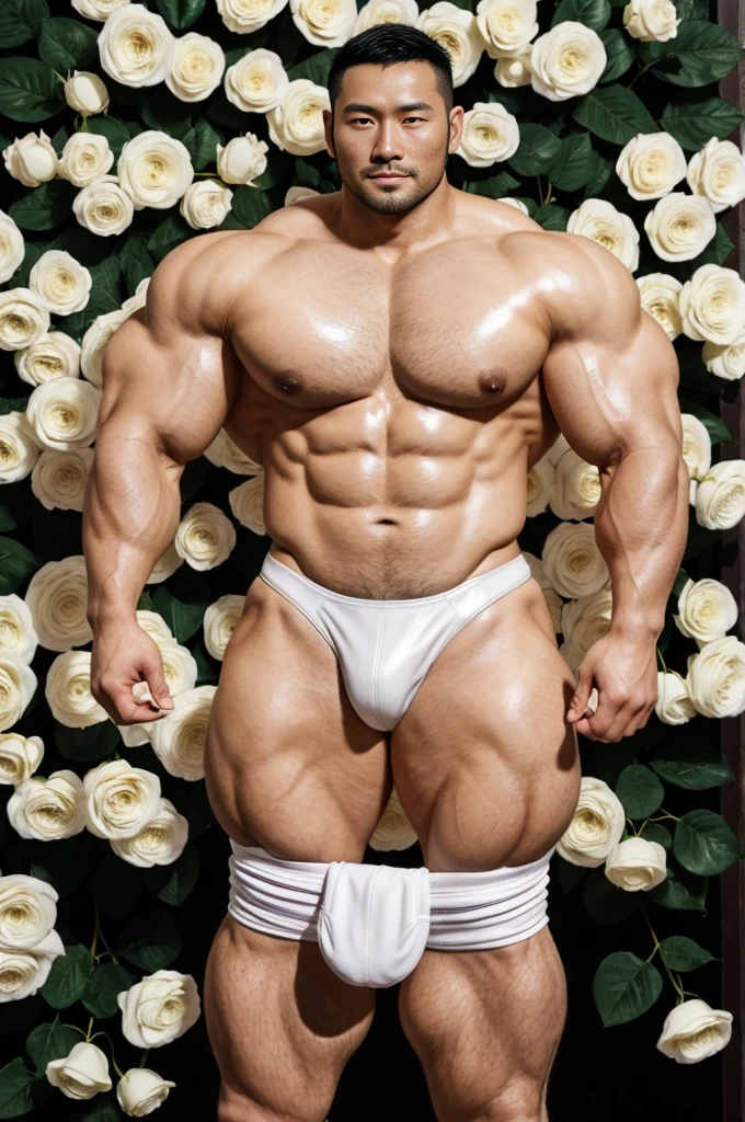 There is only one handsome Asian actor in the picture，35 years old，Tall and handsome, Toned body，short hair, O-Shaped Beard，Perfect body, Dark skin，Glowing skin，Smooth skin，The body is hairless，Muscle bulge, Muscular, Very large pectoral muscles，Very sexy abdominal muscles，Very well-developed leg muscles，Huge concave and convex area，Brightens oily skin，Wearing a white leather shiny thong，Handsome face， Correct and accurate male body proportions, Wear white leather socks，Stand among the flowers。
