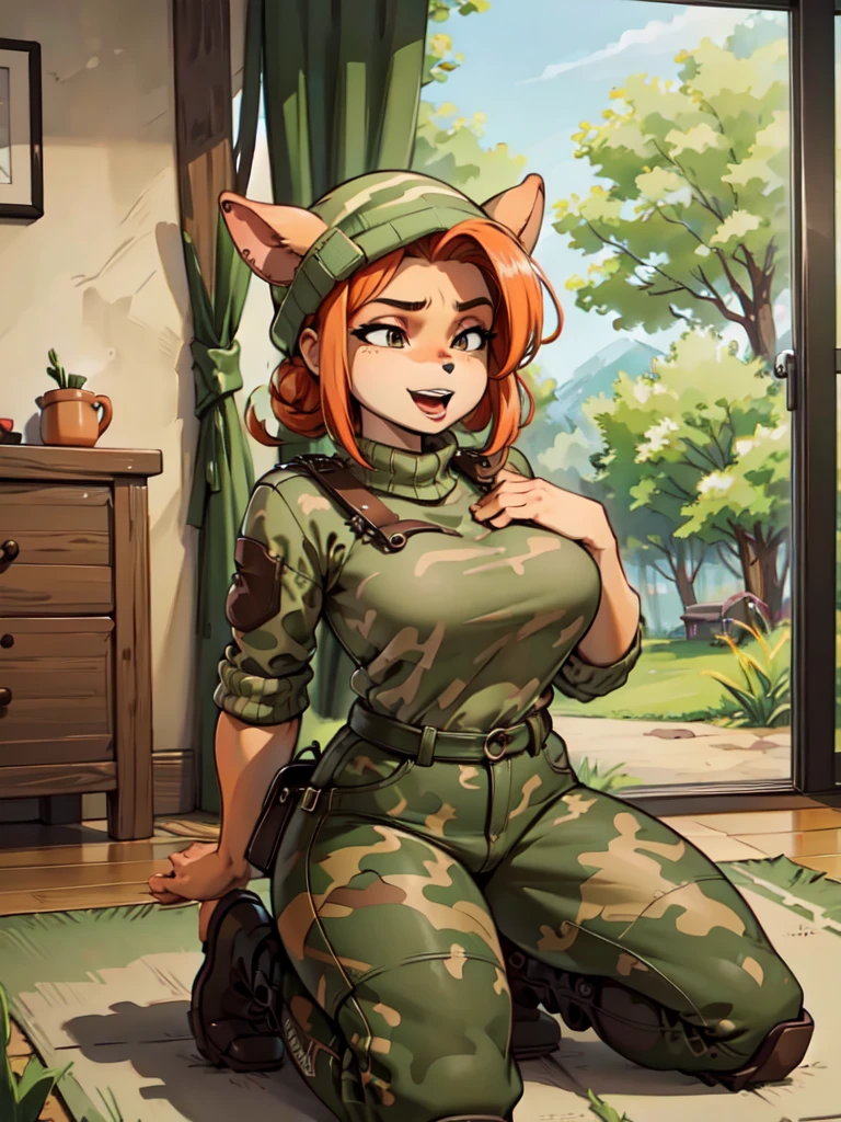 (best quality,4k,8k,highres,masterpiece:1.2),ultra-detailed,realistic:1.37,portrait,anthro bandicoot girl redhead, braided hair, beautiful closed eyes, open mouth tongue ,sexy ,seductive, warm sweater, camouflage beanie-balaclava ,camouflage pants, army boots, smirking, cozy lighting, vibrant colors , girl anthro , sweater, camouflage beanie, camouflage pants, army boots,