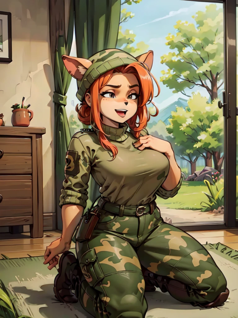 (best quality,4k,8k,highres,masterpiece:1.2),ultra-detailed,realistic:1.37,portrait,anthro bandicoot girl redhead, braided hair, beautiful closed eyes, open mouth  , ,, warm sweater, camouflage beanie-balaclava ,camouflage pants, army boots, smirking, cozy lighting, vibrant colors , girl anthro , sweater, camouflage beanie, camouflage pants, army boots,