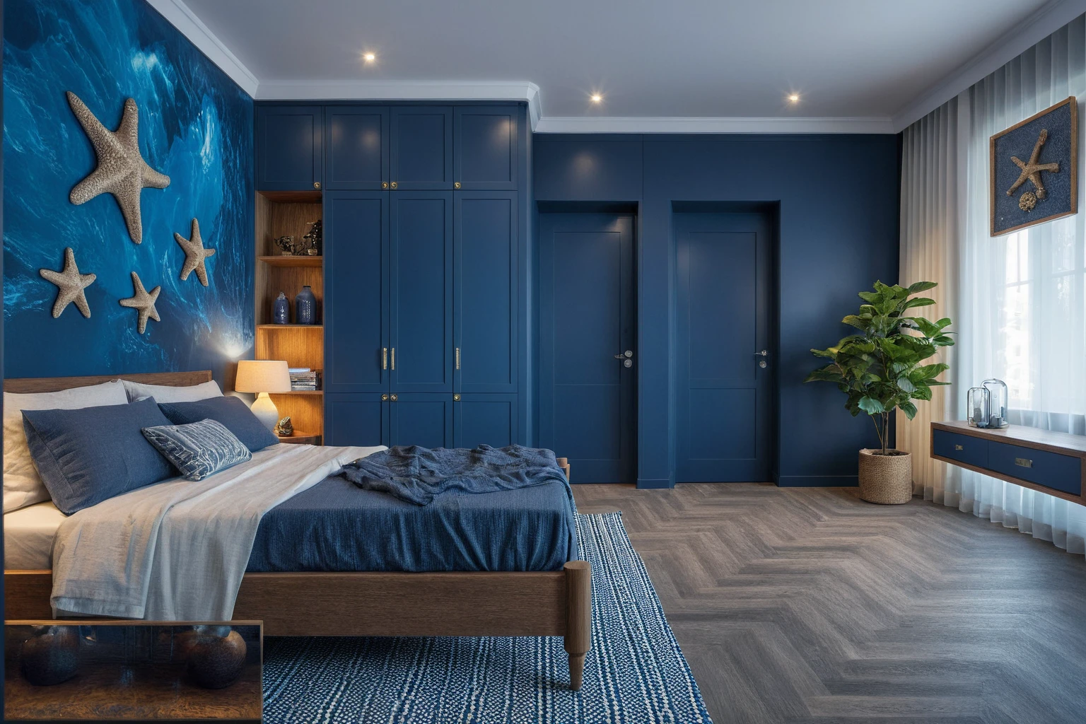 Raw photo,Masterpiece, high quality,poseidon theme
,Navy blue bedroom, ocean theme
, best quality, authentic, super detail, interior, indoors, bedroom style modern , (daylight:1.1), vivid colour, (realistic:1.2),