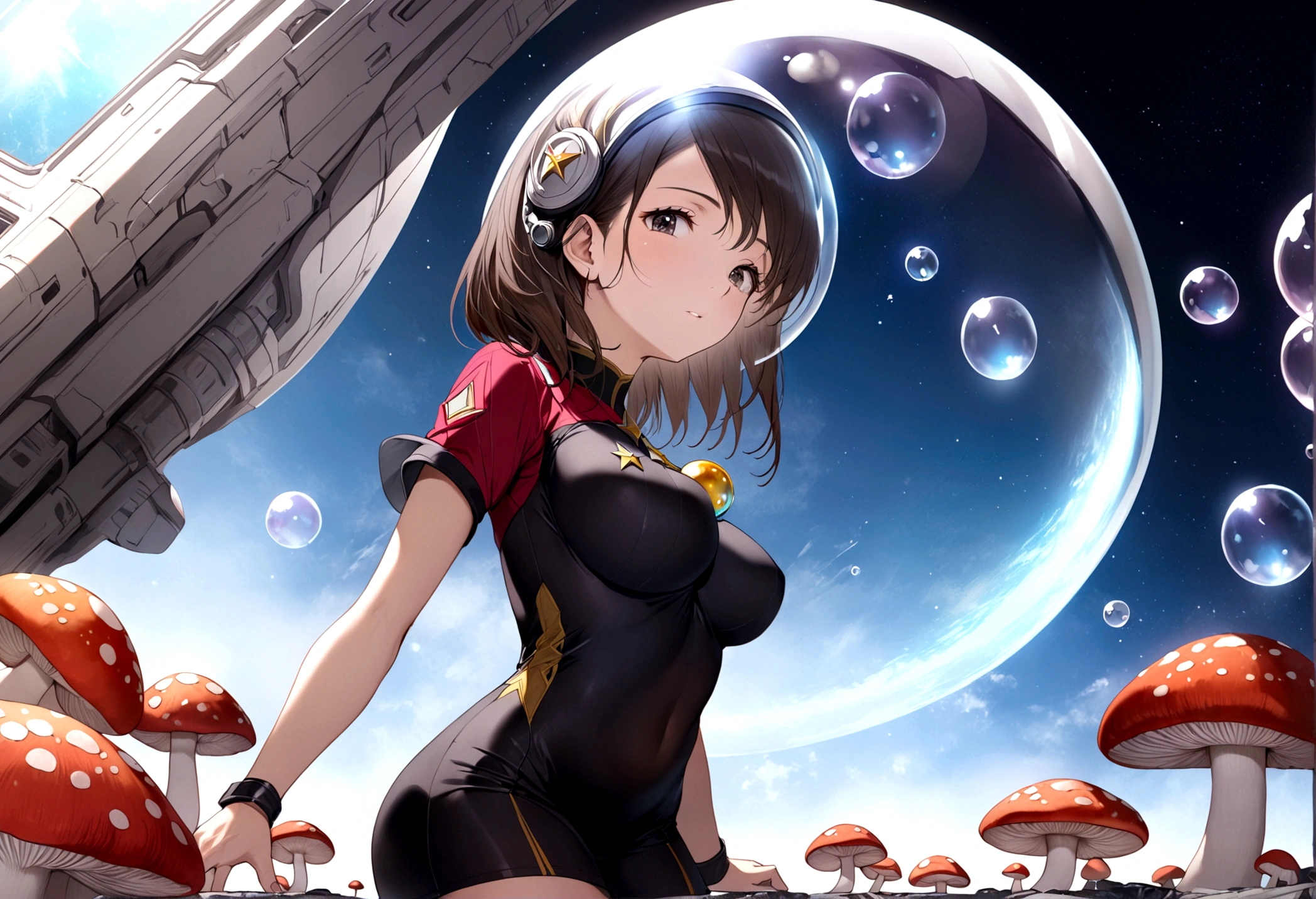  woman (age 25,  starfleet explorer mini dress, bubble dome helmet) she is exploring an alien world when mushroom women come out and inspect her
