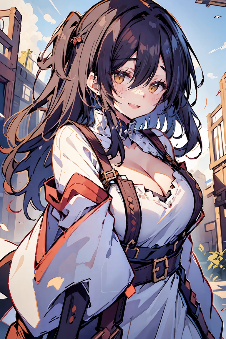 (masterpiece:1.2), (high quality:1.2), (hui xiyi:0.75), rekkyo sensen, rekkyou sensen, girls with((black hair, (tits cleavage:1.15), (waving is hands:1.2), (breasts close up:1.15), (suspenders:1.2), (dress:0.65), (blue clothes:1.05), (belts:0.7), (frills shirt:1.2), (white knit sweater:1.2), camisole, exposed breasts, straps, (long dress:1.1), (cross:1.05), (white tights:1.2), (long wavy hair:1.2), (one side up:1.2), nun, long sleeves, (perfect hands:1.05), (five fingers:1.05))), background with((fantasy world, ruin, castle, beautiful sky, shining sky, sunshine))
