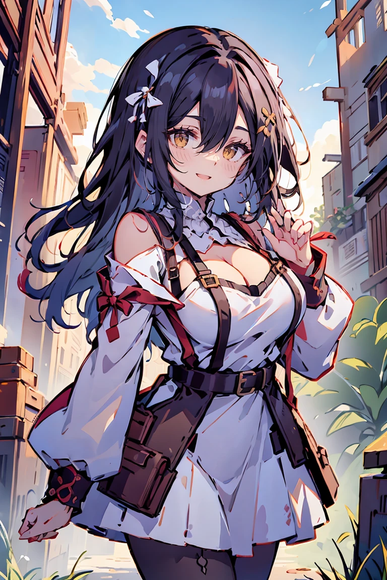 (masterpiece:1.2), (high quality:1.2), (hui xiyi:0.75), rekkyo sensen, rekkyou sensen, girls with((black hair, (tits cleavage:1.15), (waving is hands:1.2), (breasts close up:1.15), (suspenders:1.2), (dress:0.65), (blue clothes:1.05), (belts:0.7), (frills shirt:1.2), (white knit sweater:1.2), camisole, exposed breasts, straps, (long dress:1.1), (cross:1.05), (white tights:1.2), (long wavy hair:1.2), (one side up:1.2), nun, long sleeves, (perfect hands:1.05), (five fingers:1.05))), background with((fantasy world, ruin, castle, beautiful sky, shining sky, sunshine))