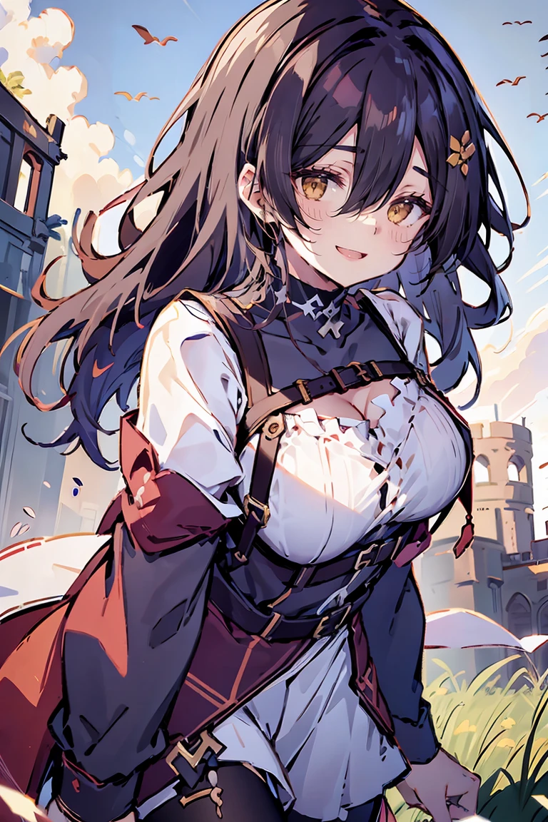 (masterpiece:1.2), (high quality:1.2), hui xiyi, rekkyo sensen, rekkyou sensen, girls with((black hair, tits cleavage, waving is hands, breasts close up, suspenders, dress, blue clothes, belt, frills shirt, white knit sweater, camisole, exposed breasts, straps, ribbon, upper body, long hair, one side up, nun, long sleeves, perfect hands, perfect fingers)), background with((fantasy world, ruin, castle, beautiful sky, shining sky, sunshine))