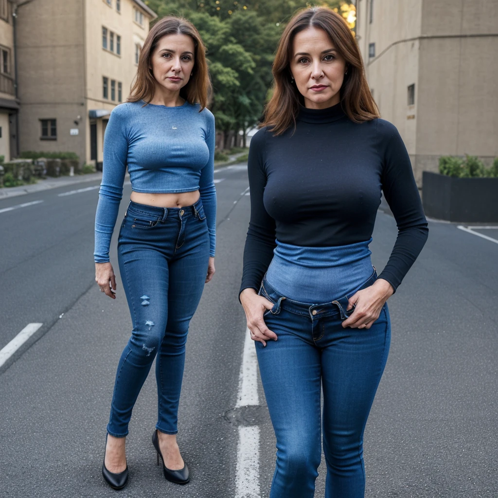 Beutiful middle age woman cute standing on road wearing tight blue shirt and black tighr jeans