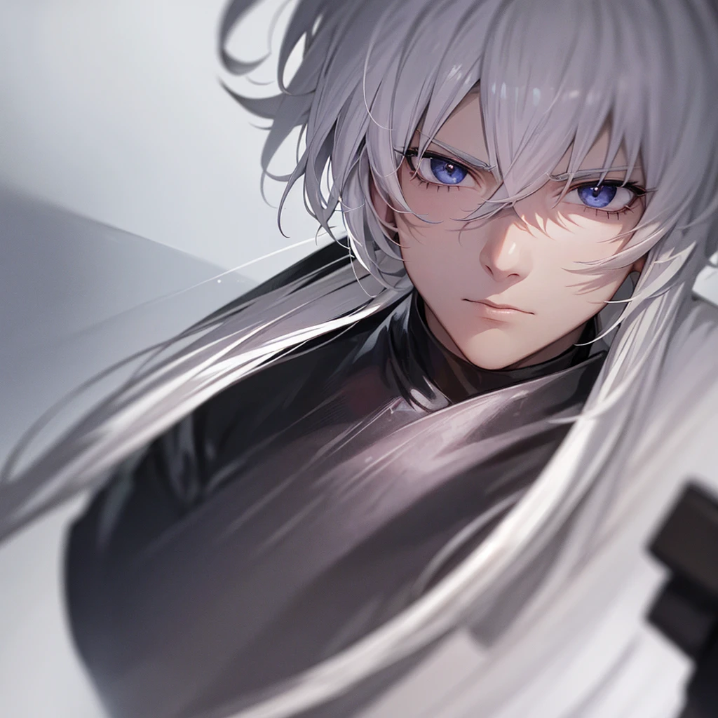 1man,White Hair,Black eyes with no highlights,A sharp face,Expressionless,Staring at me,battle,anime