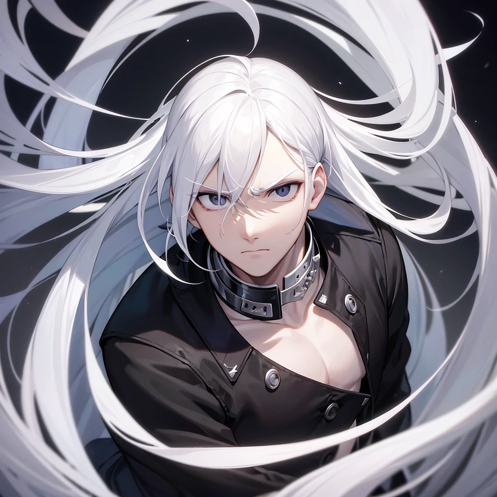 1man,White Hair,Black eyes with no highlights,A sharp face,Expressionless,Staring at me,battle,anime