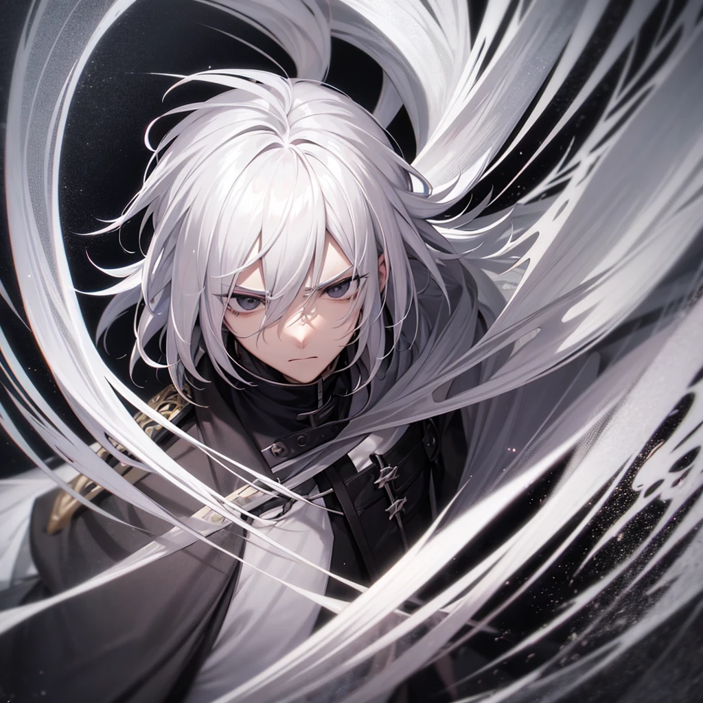 1man,White Hair,Black eyes with no highlights,A sharp face,Expressionless,Staring at me,battle,anime