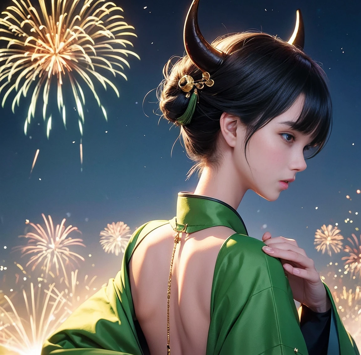 1 person、Green gorgeous kimono、,race,Black Hair、Short bun hair、hair ornaments、necklace、back、Golden devil horns、Anatomically correct,Fireworks in the night sky、