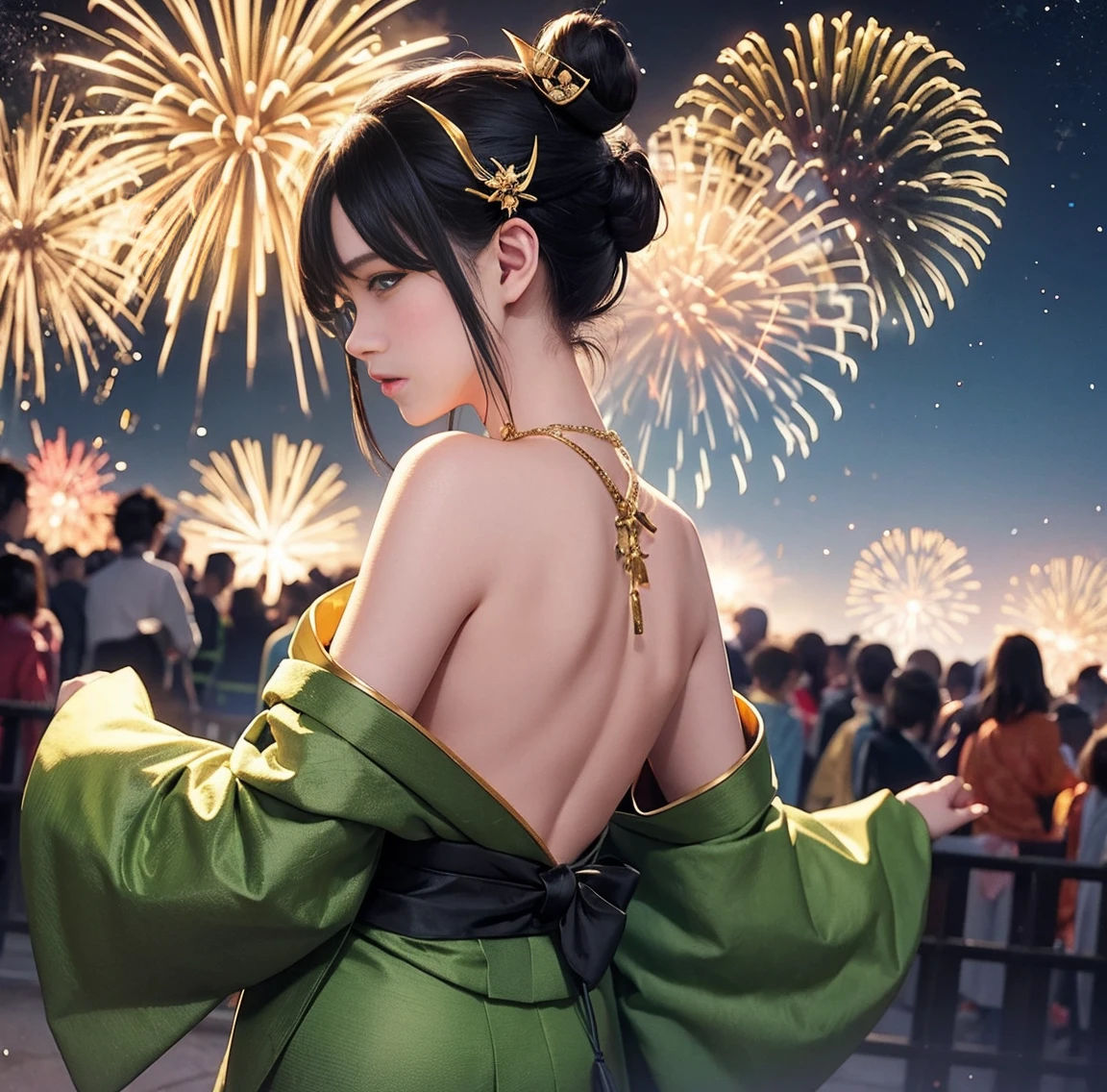 1 person、Green gorgeous kimono、,race,Black Hair、Short bun hair、hair ornaments、necklace、back、Golden devil horns、Anatomically correct,Fireworks in the night sky、