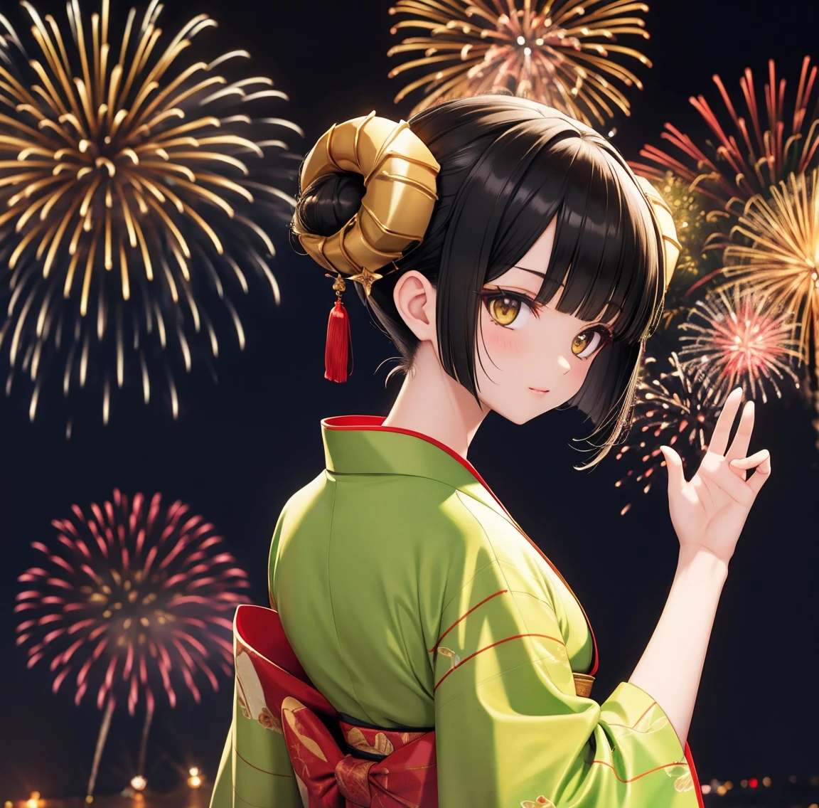 1 person、Green gorgeous kimono、,race,Black Hair、Short bun hair、hair ornaments、necklace、back、Golden devil horns、Anatomically correct,Fireworks in the night sky、
