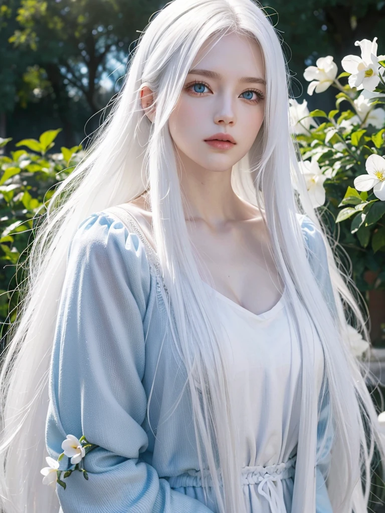 Long white hair, blue eyes, serious features, white skin, loose style, in a garden, with flowers