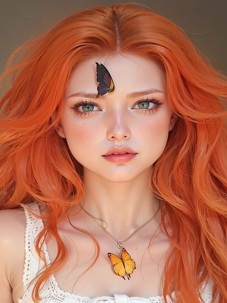 a closeup of a redhead woman and a butterfly on her forehead, amaranth, Orange peel and long fiery hair., bright Orange hair, better known as amaranth, Orange hair, long Orange hair, bright orange eyes, with red hair and green eyes, amaranth as a super villain, she has long redOrange hair, burning eyes