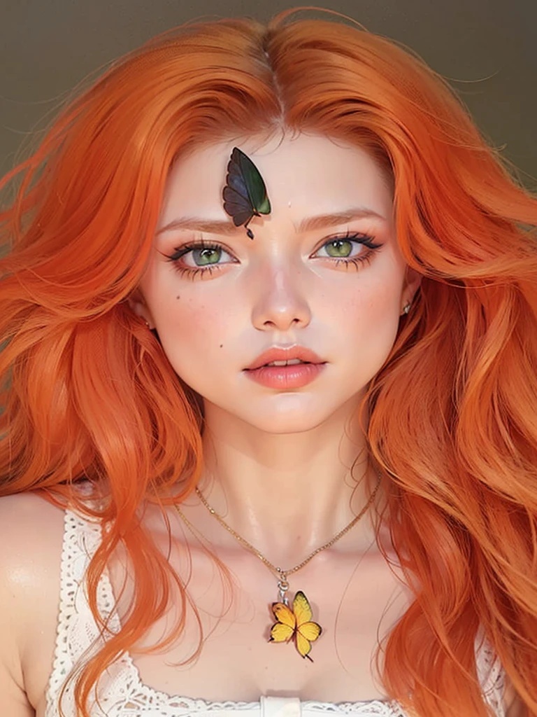 a closeup of a redhead woman and a butterfly on her forehead, amaranth, Orange peel and long fiery hair., bright Orange hair, better known as amaranth, Orange hair, long Orange hair, bright orange eyes, with red hair and green eyes, amaranth as a super villain, she has long redOrange hair, burning eyes