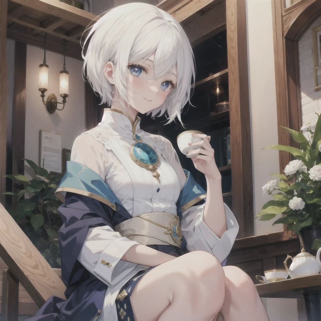 (masterpiece, Highest quality:1.2), One Girl, alone (((White Hair Short Hair blue eyes noble))) ((Noble clothes Drinking tea)) (smile) Shining Edge