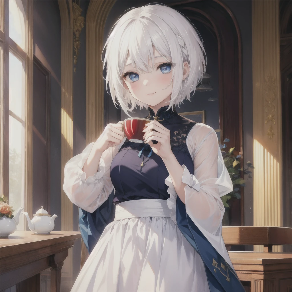 (masterpiece, Highest quality:1.2), One Girl, alone (((White Hair Short Hair blue eyes noble))) ((Noble clothes Drinking tea)) (smile) Shining Edge