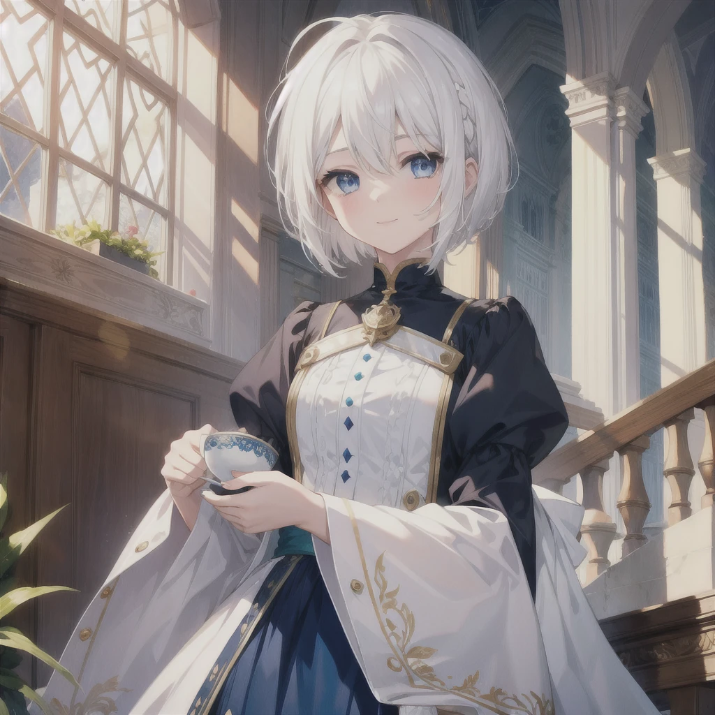 (masterpiece, Highest quality:1.2), One Girl, alone　(((White Hair　Short Hair　blue eyes　noble)))　((Noble clothes　Drinking tea))　(smile)　Shining Edge